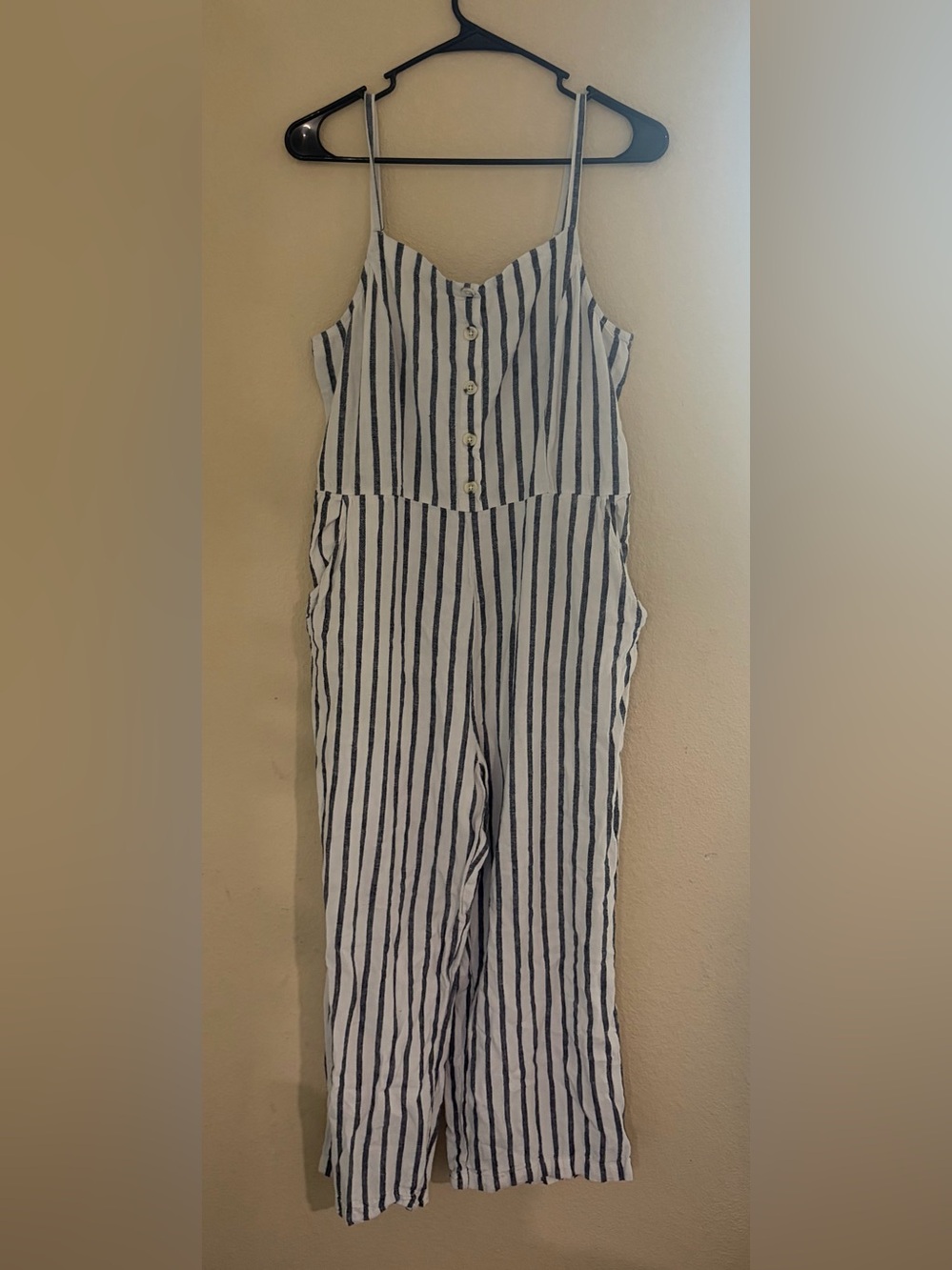 Old Navy White and Navy Striped Spaghetti‑Strap Jumpsuit